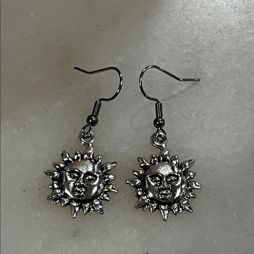 Silver Sun Face Dangle Earrings